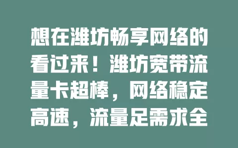 想在潍坊畅享网络的看过来！潍坊宽带流量卡超棒，网络稳定高速，流量足需求全满足，性价比还高，是网络生活得力助手，让你网络时光更精彩高效