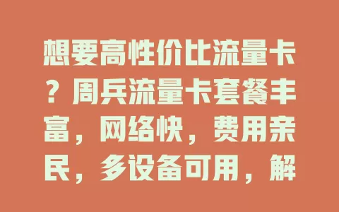 想要高性价比流量卡？周兵流量卡套餐丰富，网络快，费用亲民，多设备可用，解决流量烦恼！