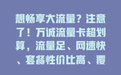 想畅享大流量？注意了！万诚流量卡超划算，流量足、网速快、套餐性价比高、覆盖广，是上网得力助手