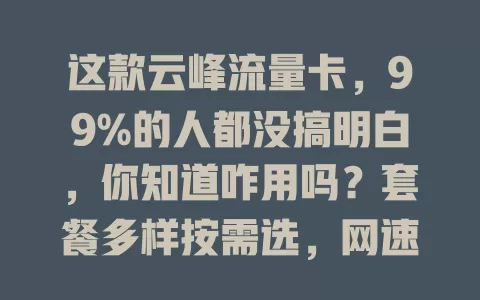 这款云峰流量卡，99%的人都没搞明白，你知道咋用吗？套餐多样按需选，网速出色遇问题可优化，费用透明无隐藏，了解特点合理用，网络生活更便利