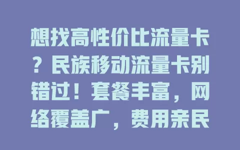 想找高性价比流量卡？民族移动流量卡别错过！套餐丰富，网络覆盖广，费用亲民，助你解决流量困扰，畅享数字生活