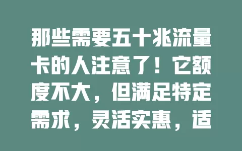 那些需要五十兆流量卡的人注意了！它额度不大，但满足特定需求，灵活实惠，适合偶尔通讯、短期用流量的，选时要考虑自身情况，能让你在数字世界穿梭无忧