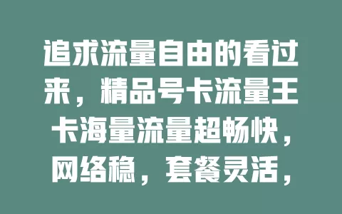 追求流量自由的看过来，精品号卡流量王卡海量流量超畅快，网络稳，套餐灵活，助你畅享网络，轻松实现流量自由