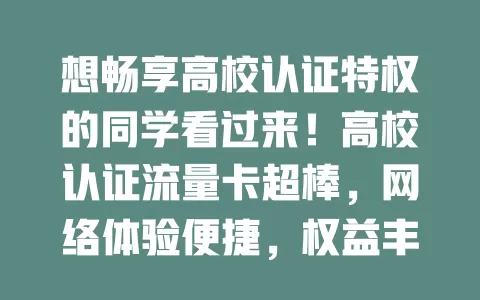 想畅享高校认证特权的同学看过来！高校认证流量卡超棒，网络体验便捷，权益丰富，套餐灵活，覆盖广，是校园网络生活好帮手！
