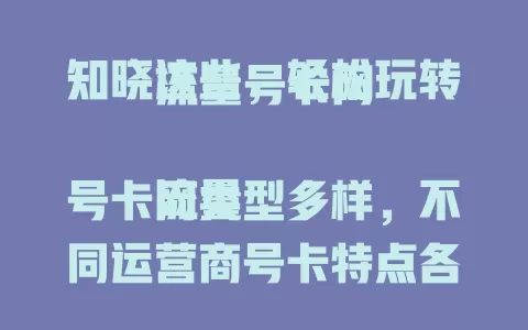 知晓这些，轻松玩转流量号卡网

流量号卡网类型多样，不同运营商号卡特点各异。按需选卡，户外选移动，求实惠选联通，重稳定选电信。号卡网不断推新，熟悉门道就能选到适合的卡，让网络更便捷