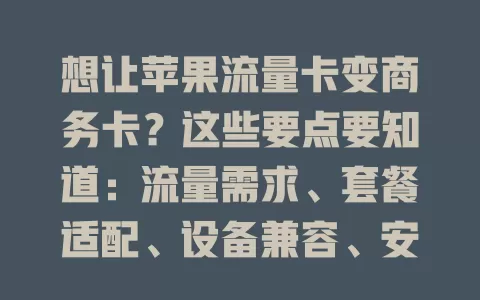 想让苹果流量卡变商务卡？这些要点要知道：流量需求、套餐适配、设备兼容、安全保障、服务质量一个都不能少！