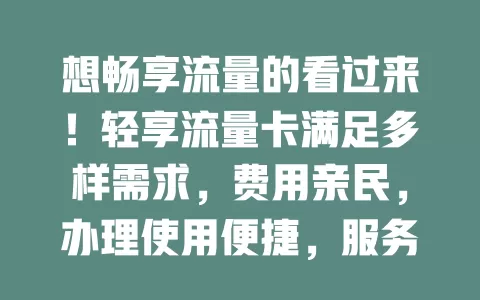 想畅享流量的看过来！轻享流量卡满足多样需求，费用亲民，办理使用便捷，服务优，助你开启畅快上网之旅
