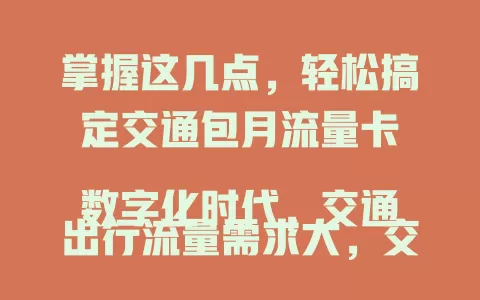 掌握这几点，轻松搞定交通包月流量卡

数字化时代，交通出行流量需求大，交通包月流量卡应运而生。它满足多样出行需求，选卡要考虑流量额度、网络速度和费用，使用场景丰富，掌握要点就能轻松选到适合的卡，让出行更便捷愉快。