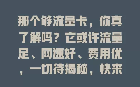 那个够流量卡，你真了解吗？它或许流量足、网速好、费用优，一切待揭秘，快来一起探索其奥秘，看是否真能满足你需求！