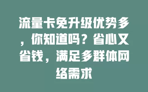 流量卡免升级优势多，你知道吗？省心又省钱，满足多群体网络需求