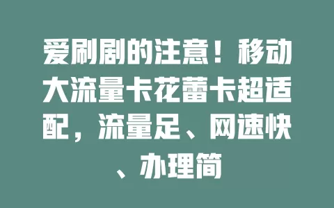 爱刷剧的注意！移动大流量卡花蕾卡超适配，流量足、网速快、办理简