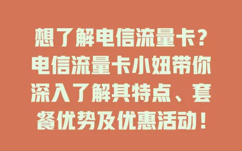 想了解电信流量卡？电信流量卡小妞带你深入了解其特点、套餐优势及优惠活动！