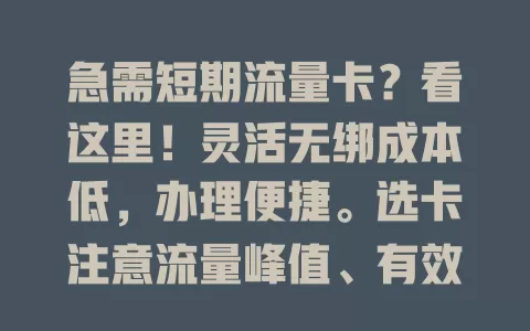 急需短期流量卡？看这里！灵活无绑成本低，办理便捷。选卡注意流量峰值、有效期及套餐外收费，让你轻松应对短期流量需求，畅享数字生活