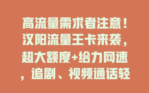 高流量需求者注意！汉阳流量王卡来袭，超大额度+给力网速，追剧、视频通话轻松搞定，畅享网络便捷乐趣