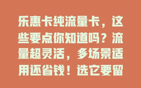 乐惠卡纯流量卡，这些要点你知道吗？流量超灵活，多场景适用还省钱！选它要留意有效期等，掌握信息发挥优势，这便捷方案值得了解！