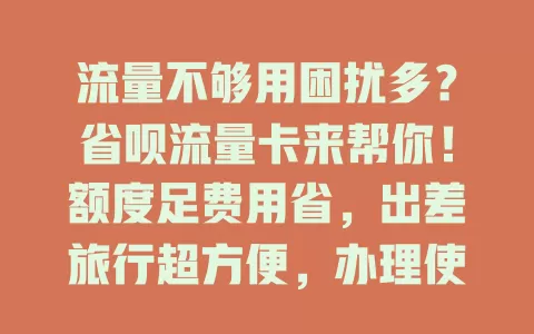 流量不够用困扰多？省呗流量卡来帮你！额度足费用省，出差旅行超方便，办理使用超便捷，让你告别流量烦恼，畅享移动互联网生活