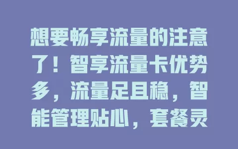 想要畅享流量的注意了！智享流量卡优势多，流量足且稳，智能管理贴心，套餐灵活，多场景适用，助你告别流量困扰，开启畅享之旅