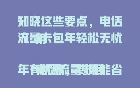 知晓这些要点，电话流量卡包年轻松无忧用

电话流量卡包年有优惠，费用能省，如每月50元流量，包年省百元左右。流量稳定，办理简单，一年省心。选时留意套餐内容，全面了解才能选到适合的包年卡，便捷实惠用流量 。