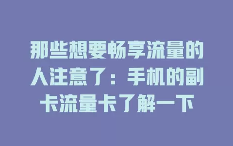 那些想要畅享流量的人注意了：手机的副卡流量卡了解一下