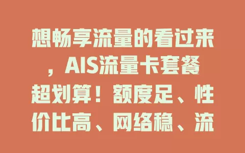 想畅享流量的看过来，AIS流量卡套餐超划算！额度足、性价比高、网络稳、流量管理贴心，快来开启畅快网络之旅！