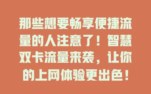 那些想要畅享便捷流量的人注意了！智慧双卡流量来袭，让你的上网体验更出色！