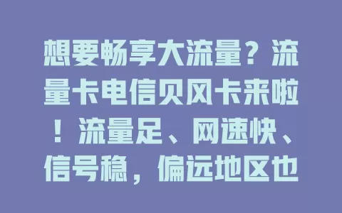 想要畅享大流量？流量卡电信贝风卡来啦！流量足、网速快、信号稳，偏远地区也好用，套餐实惠，性价比超高！