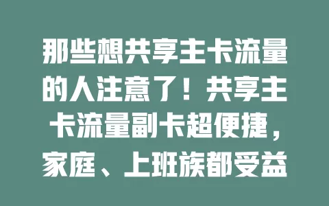 那些想共享主卡流量的人注意了！共享主卡流量副卡超便捷，家庭、上班族都受益，能降成本、方便管流量，场景多样还灵活，是超棒的流量解决方案