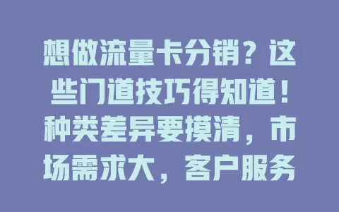 想做流量卡分销？这些门道技巧得知道！种类差异要摸清，市场需求大，客户服务与营销策略也关键，解密分销秘诀，助你分得通信市场蛋糕