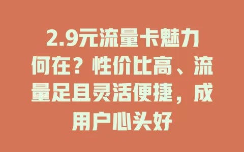 2.9元流量卡魅力何在？性价比高、流量足且灵活便捷，成用户心头好