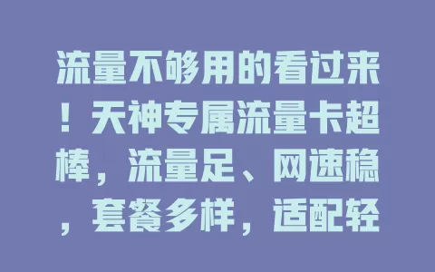 流量不够用的看过来！天神专属流量卡超棒，流量足、网速稳，套餐多样，适配轻或重度使用者，助你网络生活更精彩