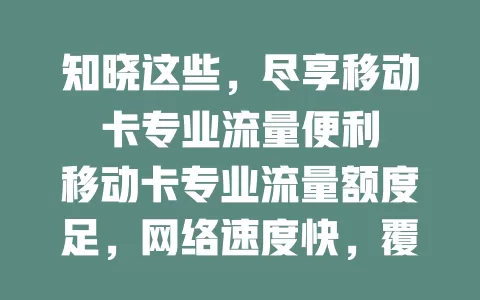 知晓这些，尽享移动卡专业流量便利

移动卡专业流量额度足，网络速度快，覆盖范围广，还有智能分配机制。无论社交、学习、追剧，还是5G下载、视频通话，都能畅享流畅网络，畅游数字世界