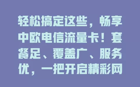 轻松搞定这些，畅享中欧电信流量卡！套餐足、覆盖广、服务优，一把开启精彩网络世界的钥匙，让你网络生活更便捷高效