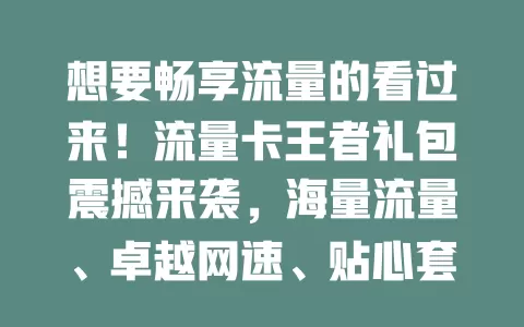 想要畅享流量的看过来！流量卡王者礼包震撼来袭，海量流量、卓越网速、贴心套餐，开启优质流量生活新篇章