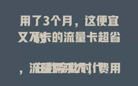 用了3个月，这便宜又不卡的流量卡超省钱

在数字化时代，流量需求大，费用却高昂。有一种流量卡，便宜又不卡，能省开支。它网络出色，人多或信号弱处也流畅，看视频、玩游戏轻松应对，让你畅享网络，告别流量烦恼