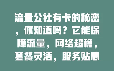 流量公社有卡的秘密，你知道吗？它能保障流量，网络超稳，套餐灵活，服务贴心，是满足多样流量需求的优质之选