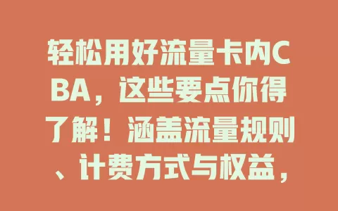 轻松用好流量卡内CBA，这些要点你得了解！涵盖流量规则、计费方式与权益，助你按需选卡，避麻烦省费用，畅享便捷通信