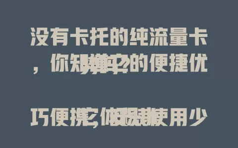 没有卡托的纯流量卡，你知道它的便捷优势吗？

它体积小巧便携，安装使用少繁琐，流量供应稳定，多场景适用，摆脱卡托束缚。选时要综合多因素，这种独特纯流量卡正走进更多人视野。