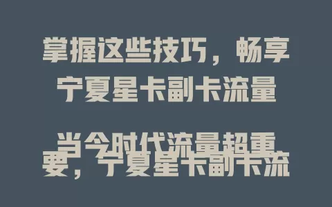 掌握这些技巧，畅享宁夏星卡副卡流量

当今时代流量超重要，宁夏星卡副卡流量超有价值。它能满足家庭共享，使用灵活。利用时要摸清套餐，留意消耗，设置省流，关注优惠，让副卡流量物超所值，助你畅游数字世界
