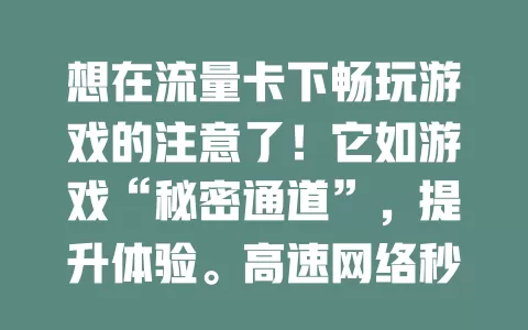 想在流量卡下畅玩游戏的注意了！它如游戏“秘密通道”，提升体验。高速网络秒下游戏，低延迟操作稳，大容量流量免中断，还能玩海外游戏，记得合理用流量哦