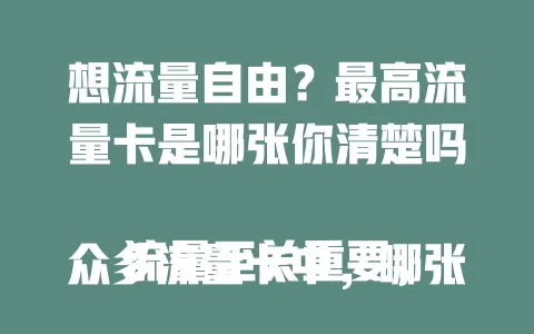 想流量自由？最高流量卡是哪张你清楚吗

流量至关重要，众多流量卡中，哪张流量最高？明确“最高流量”定义，不同运营商套餐各有特点，部分卡能动态调流量，还有合作赠流。选卡不能只看流量，网络覆盖等因素也需考量。