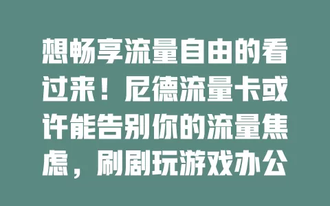 想畅享流量自由的看过来！尼德流量卡或许能告别你的流量焦虑，刷剧玩游戏办公都流畅，随时尽情嗨翻网络世界