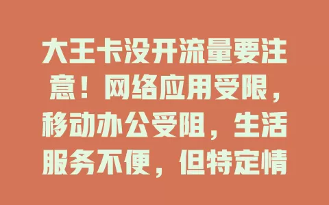 大王卡没开流量要注意！网络应用受限，移动办公受阻，生活服务不便，但特定情况也有好处，快按需合理对待流量开关