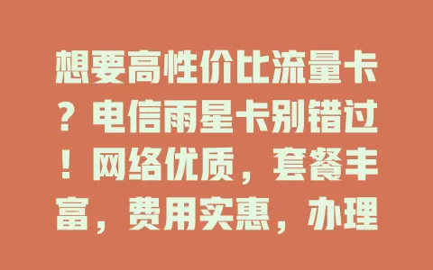 想要高性价比流量卡？电信雨星卡别错过！网络优质，套餐丰富，费用实惠，办理简便，无论轻重度用户，都能畅享便捷高效上网体验