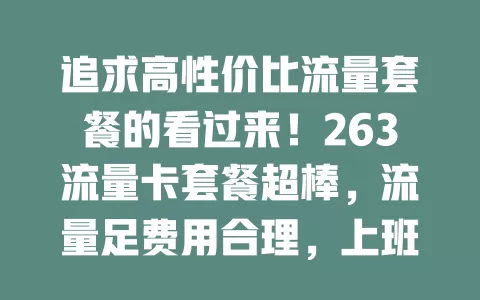 追求高性价比流量套餐的看过来！263流量卡套餐超棒，流量足费用合理，上班族、追剧党、学生党都适用，网络稳定，城乡皆流畅，是众多用户心仪之选，别错过！