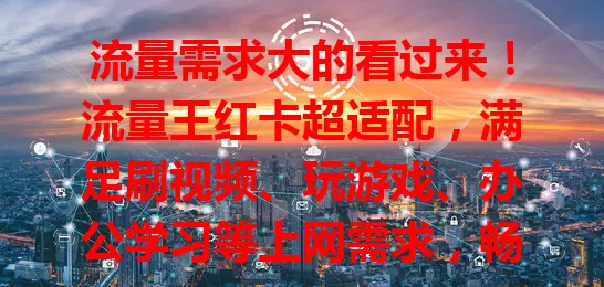 流量需求大的看过来！流量王红卡超适配，满足刷视频、玩游戏、办公学习等上网需求，畅享精彩网络世界