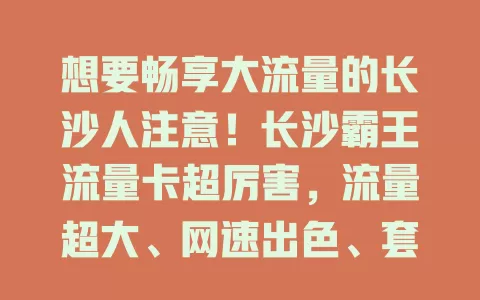 想要畅享大流量的长沙人注意！长沙霸王流量卡超厉害，流量超大、网速出色、套餐贴心，满足你的网络需求！