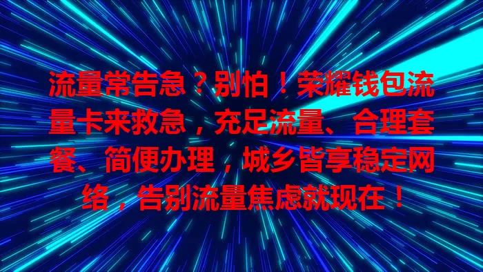 流量常告急？别怕！荣耀钱包流量卡来救急，充足流量、合理套餐、简便办理，城乡皆享稳定网络，告别流量焦虑就现在！