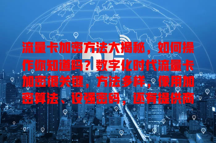 流量卡加密方法大揭秘，如何操作你知道吗？数字化时代流量卡加密很关键，方法多样，像用加密算法、设强密码，还有提供商的额外安全功能，重视加密才能保信息安全