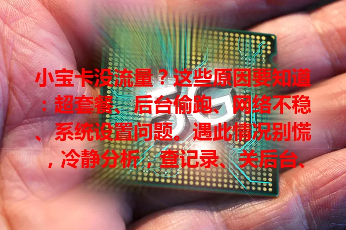 小宝卡没流量？这些原因要知道：超套餐、后台偷跑、网络不稳、系统设置问题。遇此情况别慌，冷静分析，查记录、关后台、优网络、调设置，应对小宝卡流量问题更高效