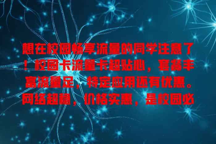 想在校园畅享流量的同学注意了！校园卡流量卡超贴心，套餐丰富流量足，特定应用还有优惠。网络超稳，价格实惠，是校园必备网络伙伴，助你度过精彩校园时光